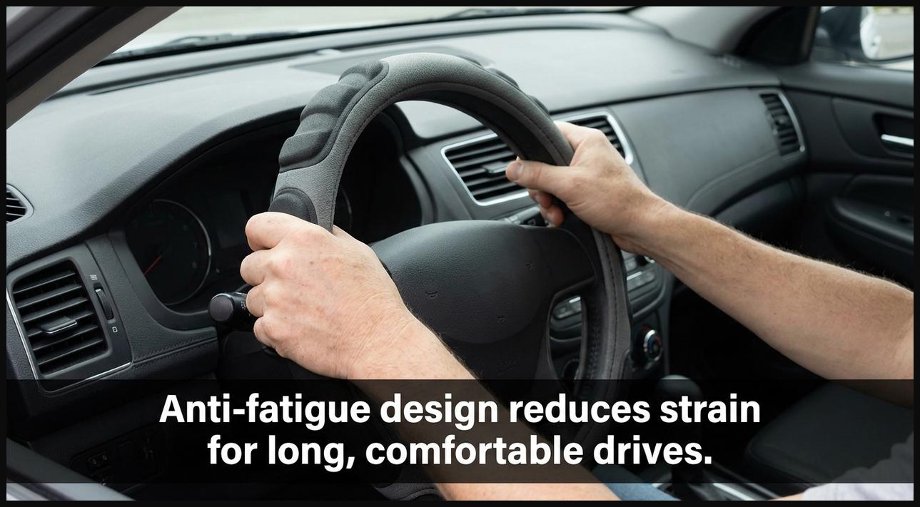 Hands on an anti-fatigue steering wheel cover designed for long-drive comfort.