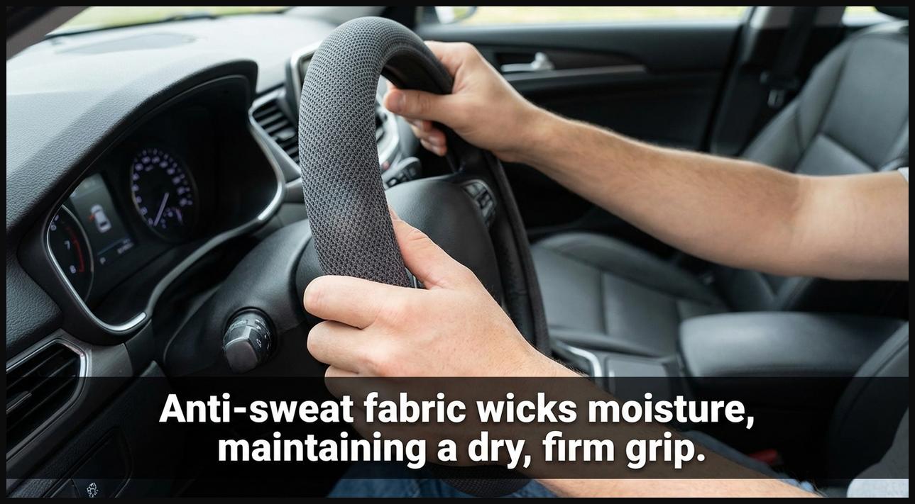 Hands gripping an anti-sweat fabric steering wheel cover, promoting dry hands.
