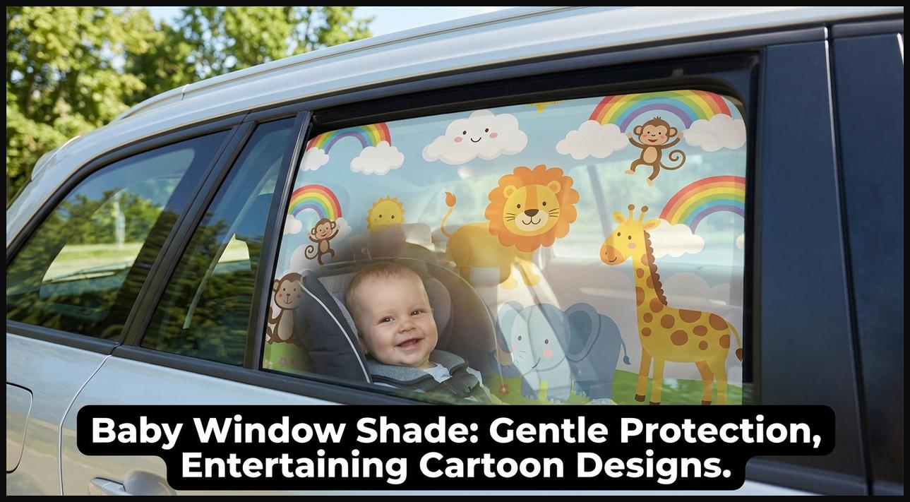 A baby car window sun shade with a colorful cartoon design, providing gentle protection for children in the back seat.