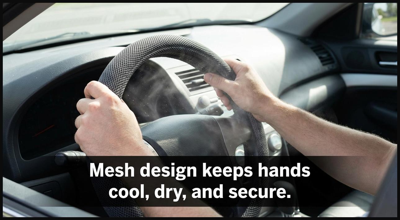 Hands on a breathable mesh steering wheel cover, designed to keep hands cool and dry.
