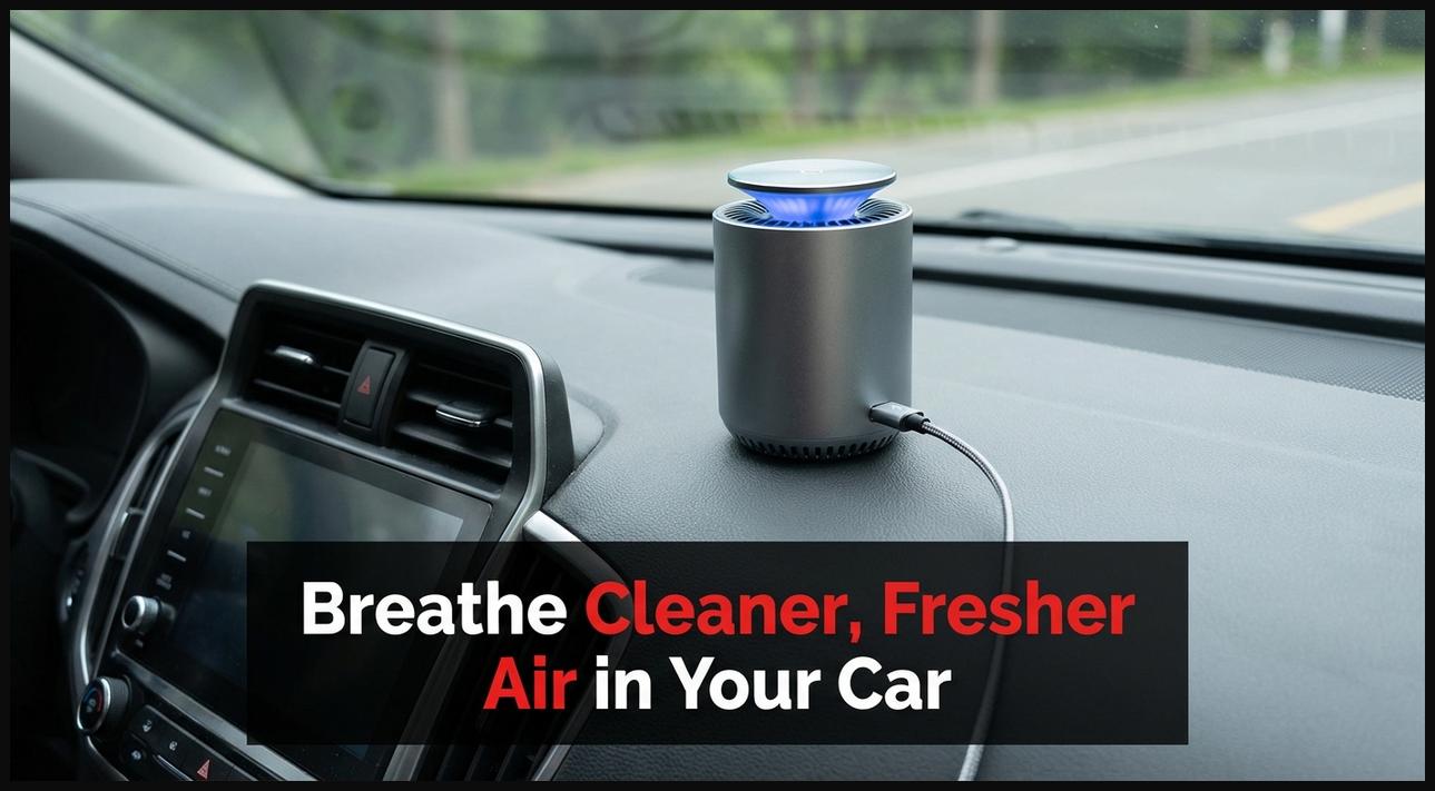 A compact car air purifier device sitting on a clean car dashboard, purifying the air inside the vehicle.