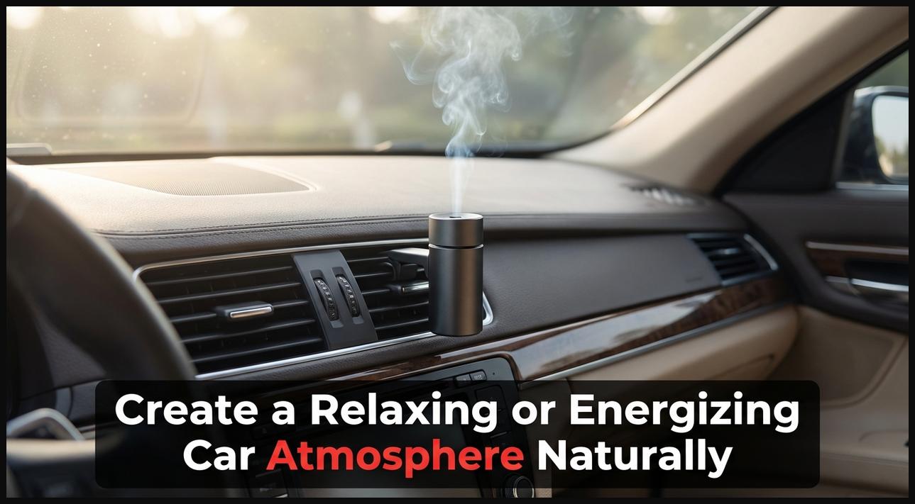 A car aromatherapy diffuser, elegantly designed and diffusing natural essential oils inside a vehicle.