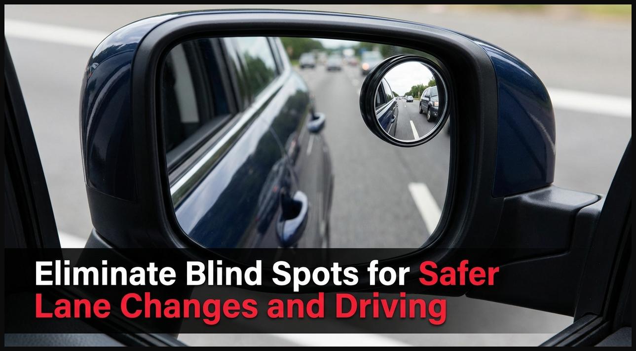 A small, convex attachable blind spot mirror affixed to a car's side mirror, showing an expanded field of view.