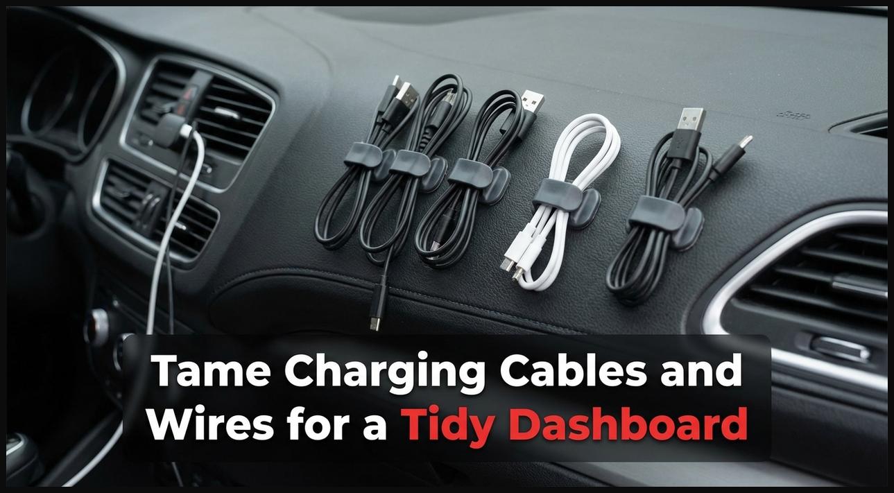 Small cable organizer clips adhered to a car dashboard, neatly routing and securing charging cables.