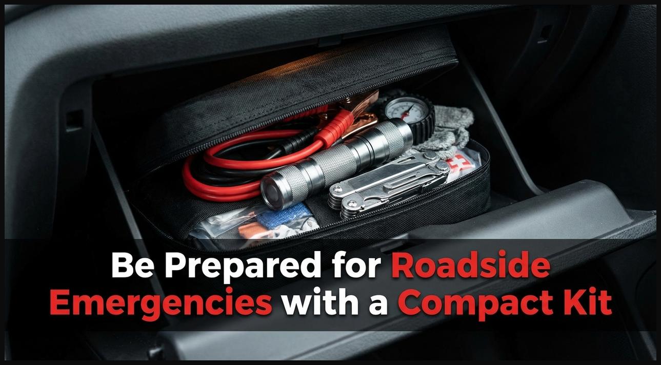 A compact emergency tool kit, including jumper cables and a flashlight, stored inside a car for roadside preparedness.