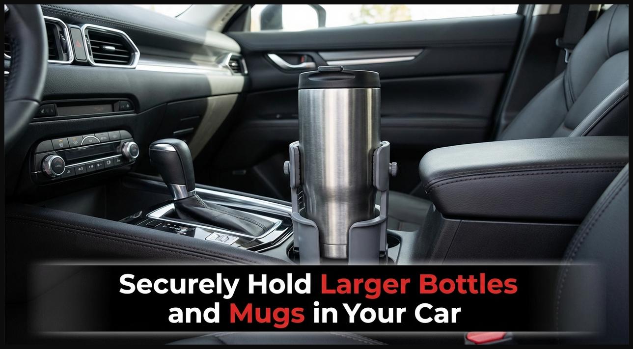 A cup holder expander inserted into a car's standard cup holder, securely holding a large water bottle.