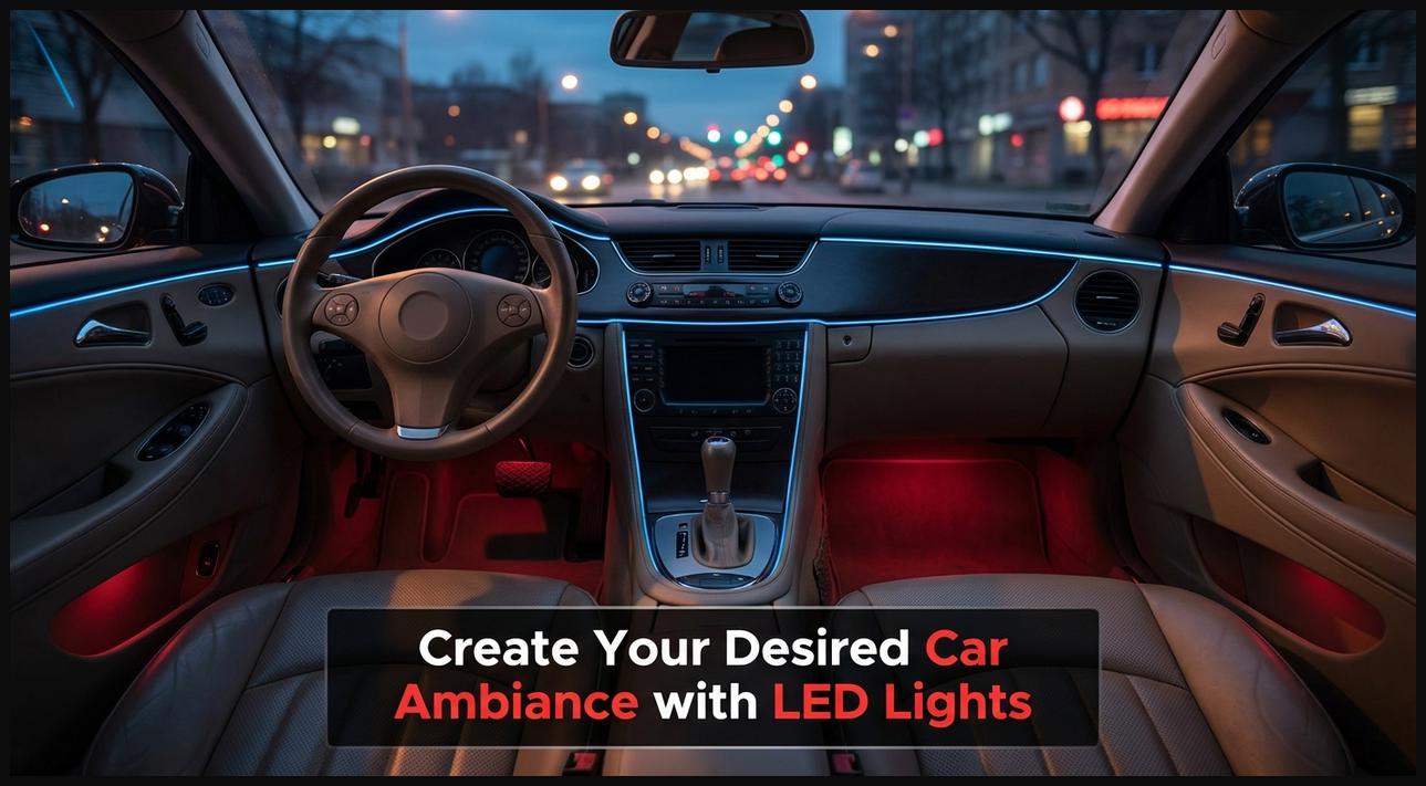 Customizable LED strip lights illuminating the interior of a car, creating a custom ambient lighting effect.