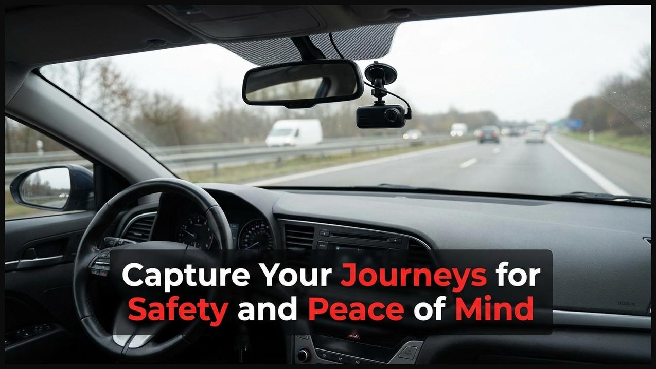 A dash camera mounted on the windshield of a car, capturing footage of the road for security and evidence.