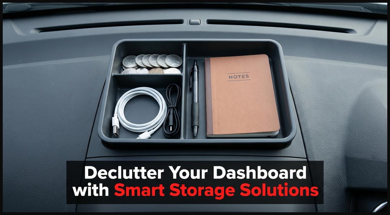 A dashboard storage box organizer with multiple compartments, neatly holding small items like coins and cables in a car.