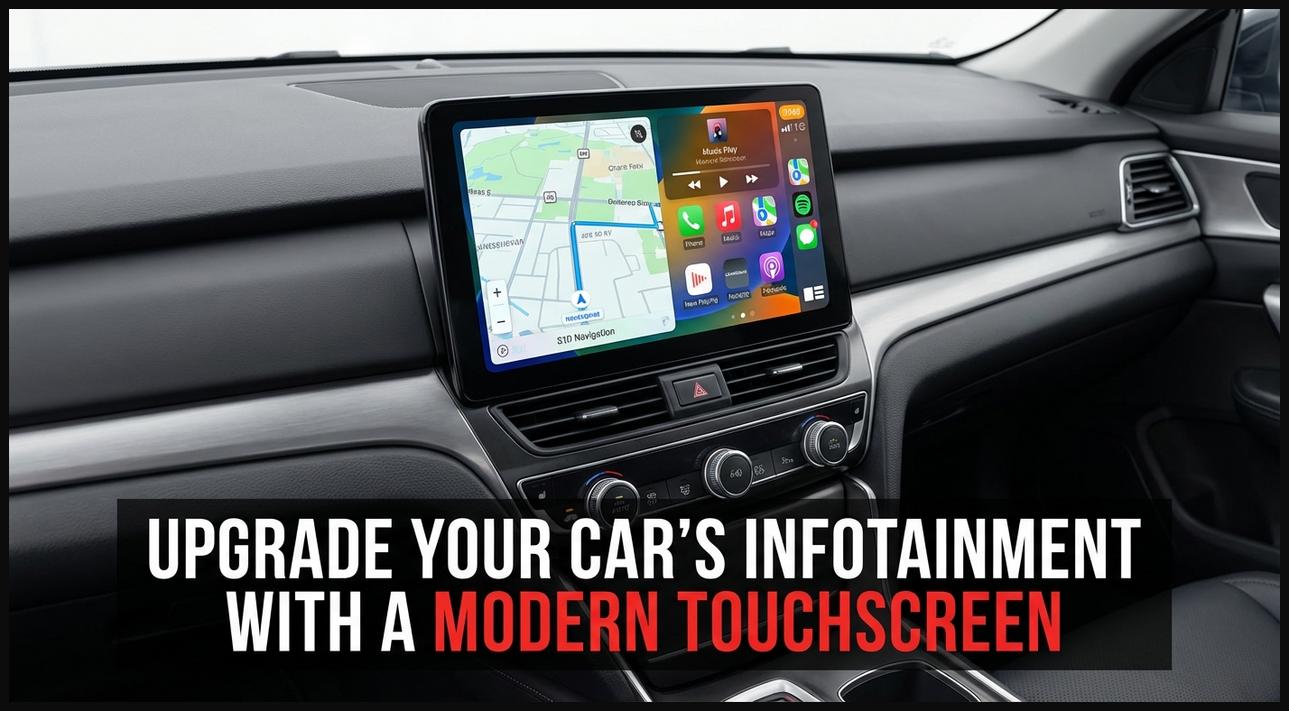 A large, modern car-specific display screen upgrade integrated into a car's dashboard, showing a navigation app.