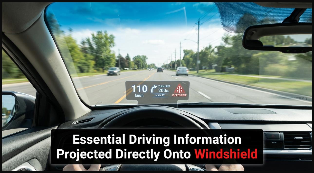 A driver's view from a car with a Head-Up Display (HUD) showing digital speed and navigation directions projected onto the windshield.