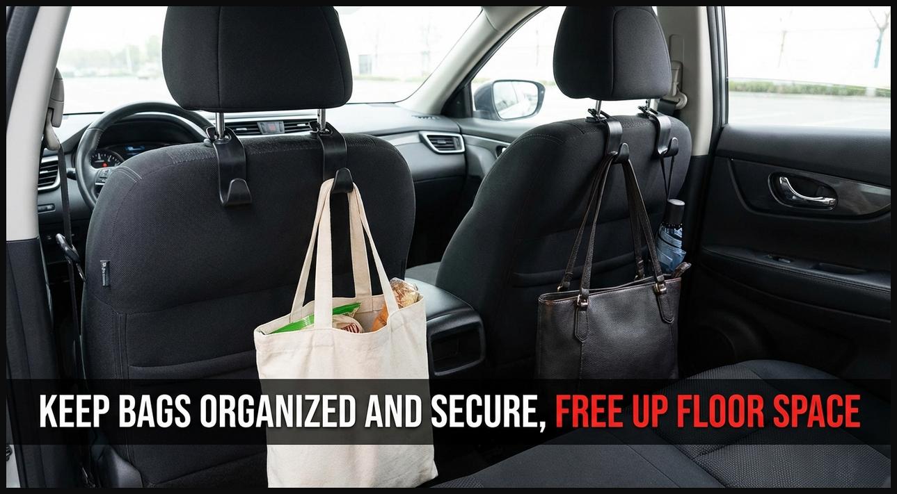Headrest hooks attached to the back of a car's front seats, securely holding grocery bags to keep the interior tidy.