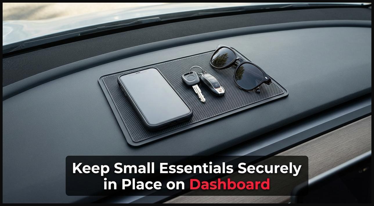 A non-slip silicone mat on a car dashboard, holding a smartphone, keys, and sunglasses to prevent sliding.