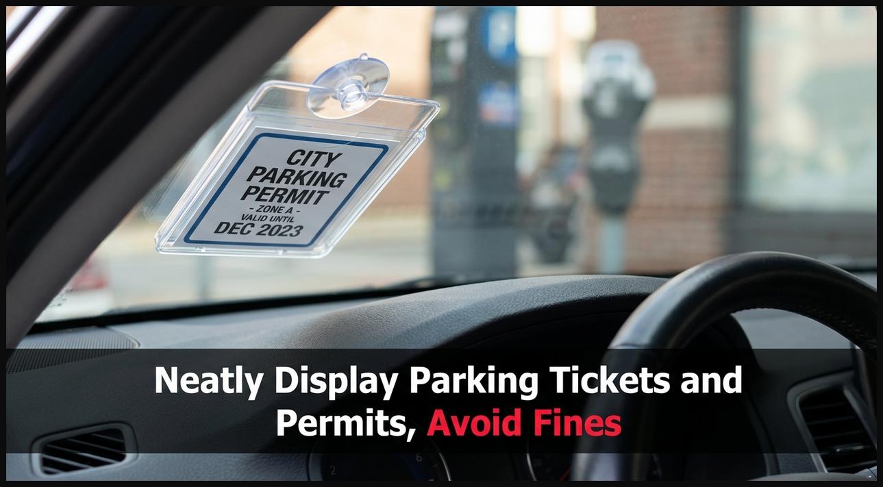 A transparent parking ticket holder securely attached to a car's windshield, displaying a parking permit.