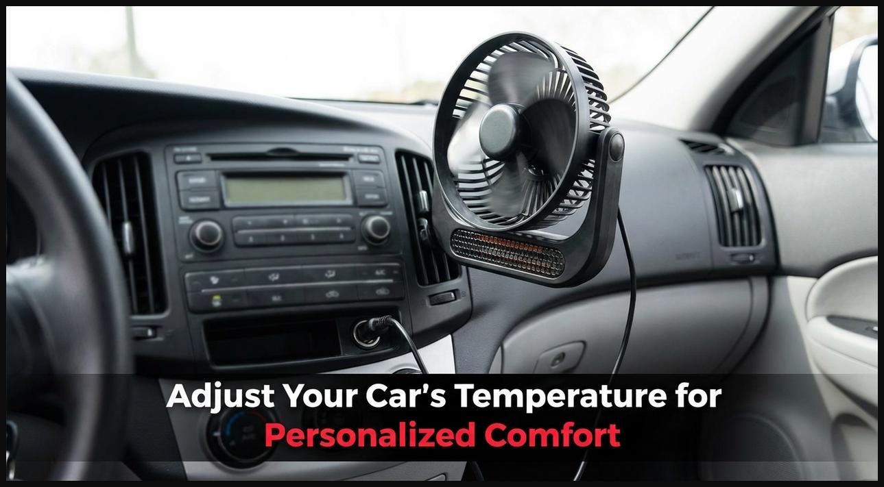 A compact personal fan plugged into a car's 12V outlet, providing directed airflow for personalized comfort.
