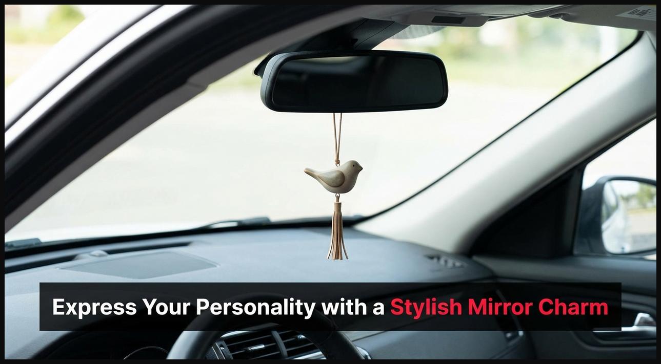 A small, tasteful decorative charm hanging from a car's rearview mirror, adding a personal touch to the interior.