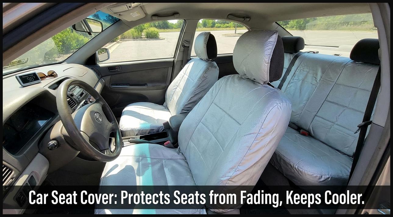 UV-protective car seat covers installed on car seats, preserving fabric and keeping them cooler under the sun.