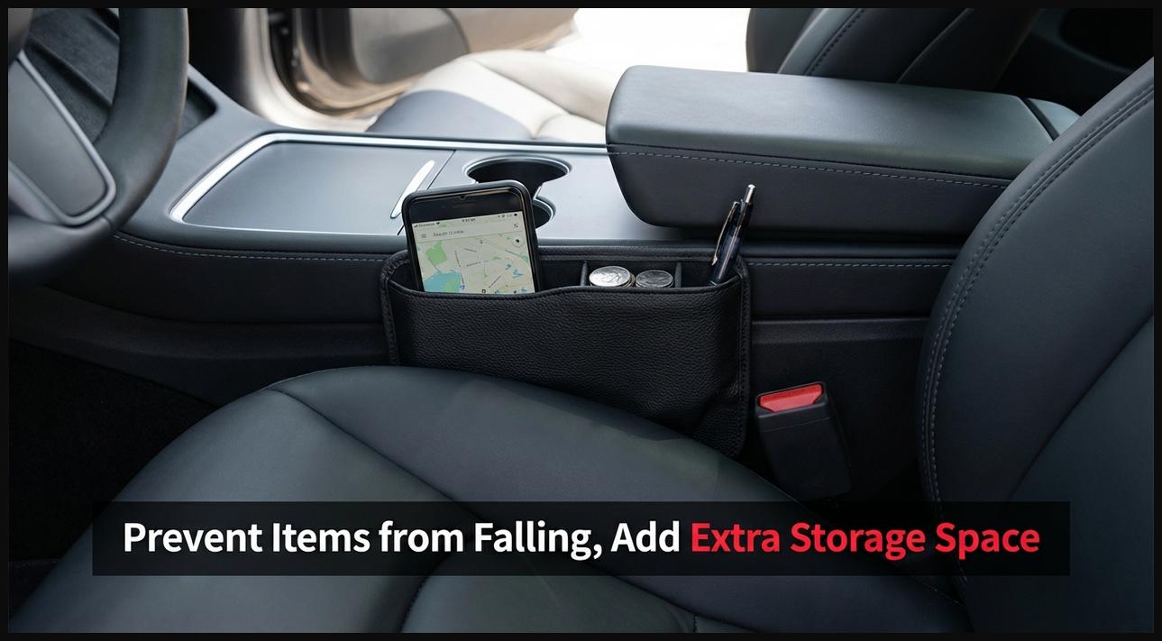A seat gap filler organizer placed between a car seat and the console, preventing items from falling and adding storage.