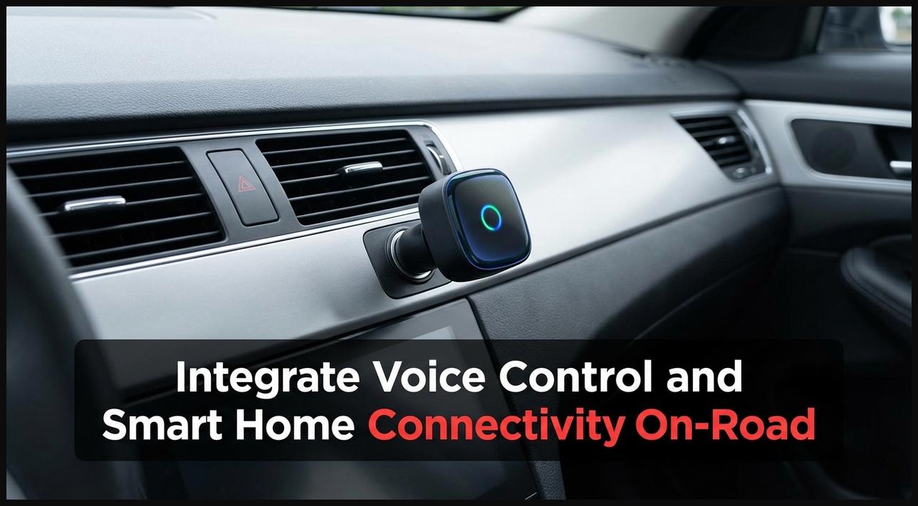 A smart car assistant device, such as Alexa Auto, integrated into a car's dashboard for voice control and smart connectivity.