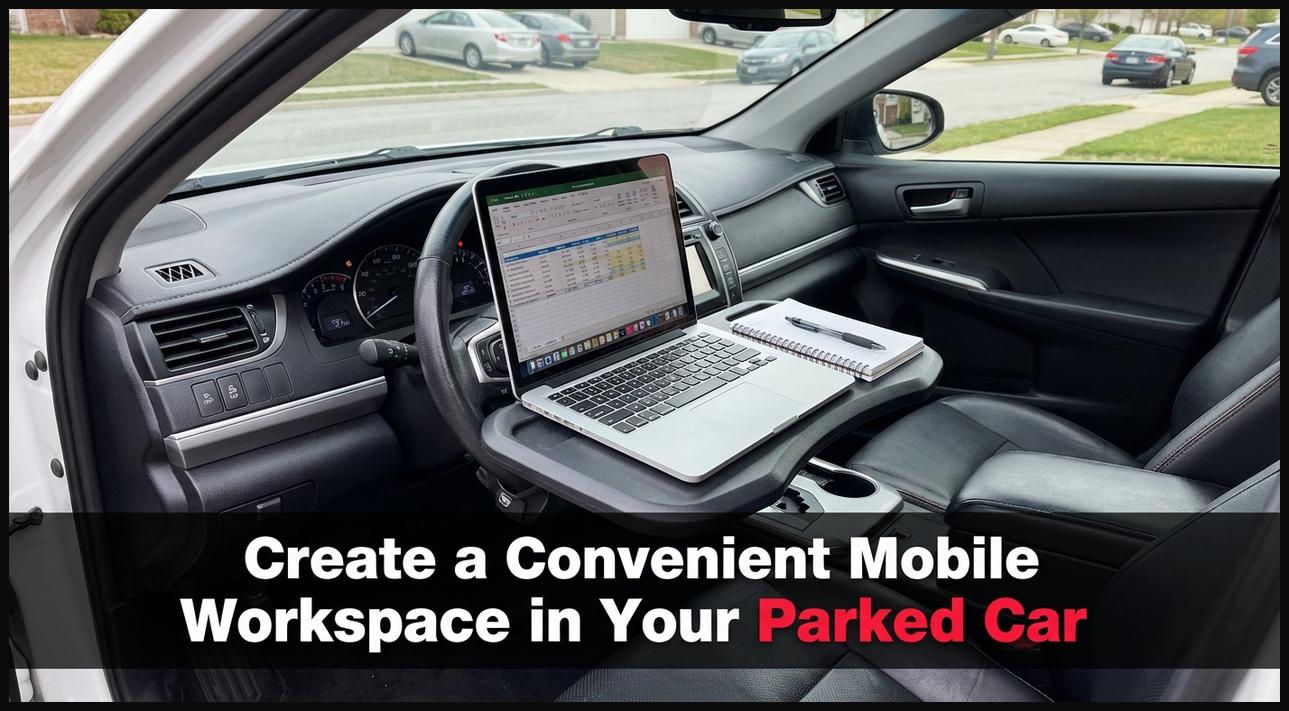 A portable steering wheel desk tray attached to a car's steering wheel, creating a temporary workspace for a laptop.