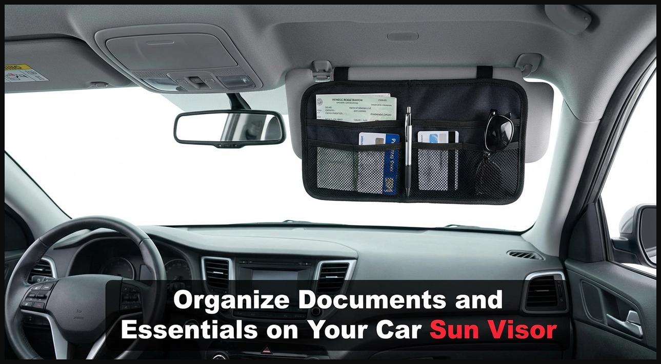 A sun visor organizer attached to a car's sun visor, holding essential documents, cards, and pens.