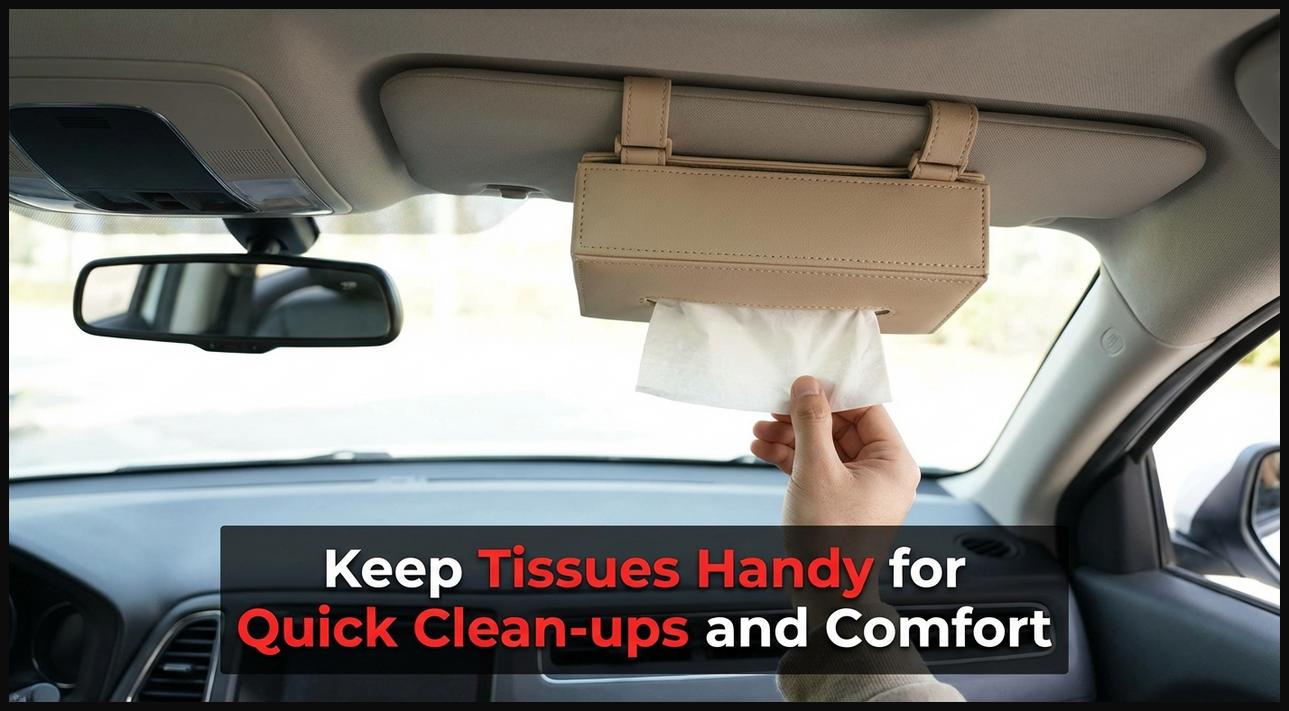 A stylish car tissue box holder positioned for easy access in a car's interior, holding tissues.