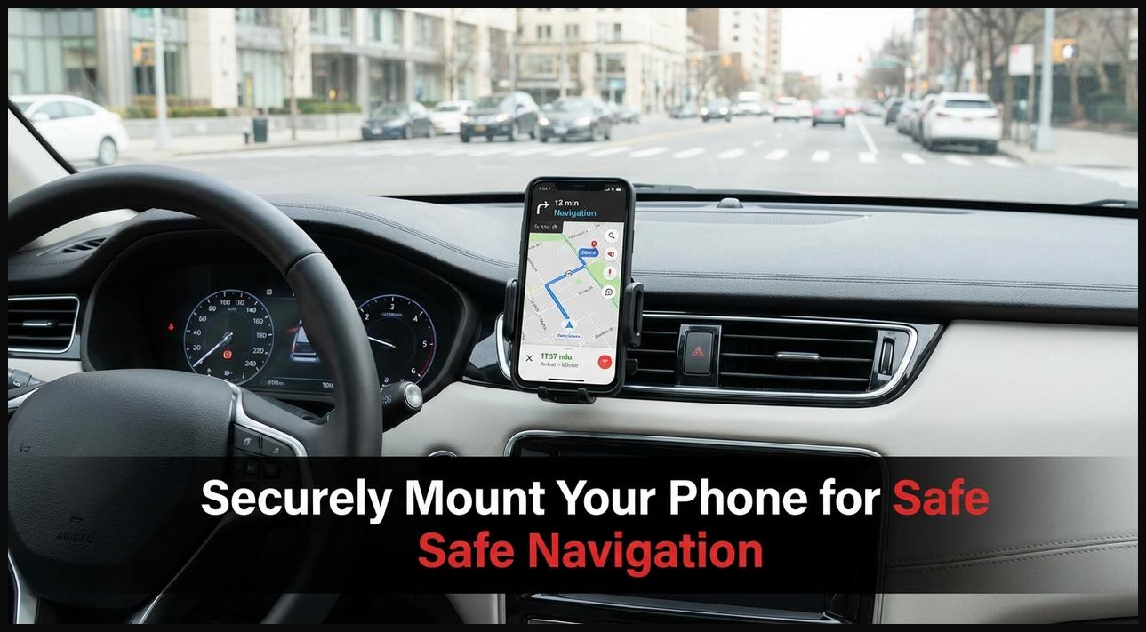 A smartphone securely held in a universal phone mount on a car dashboard, displaying a navigation map.