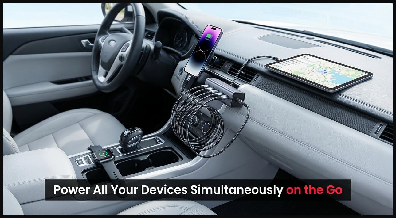 A multi-port USB charging hub in a car, with multiple devices like a phone and tablet connected and charging.