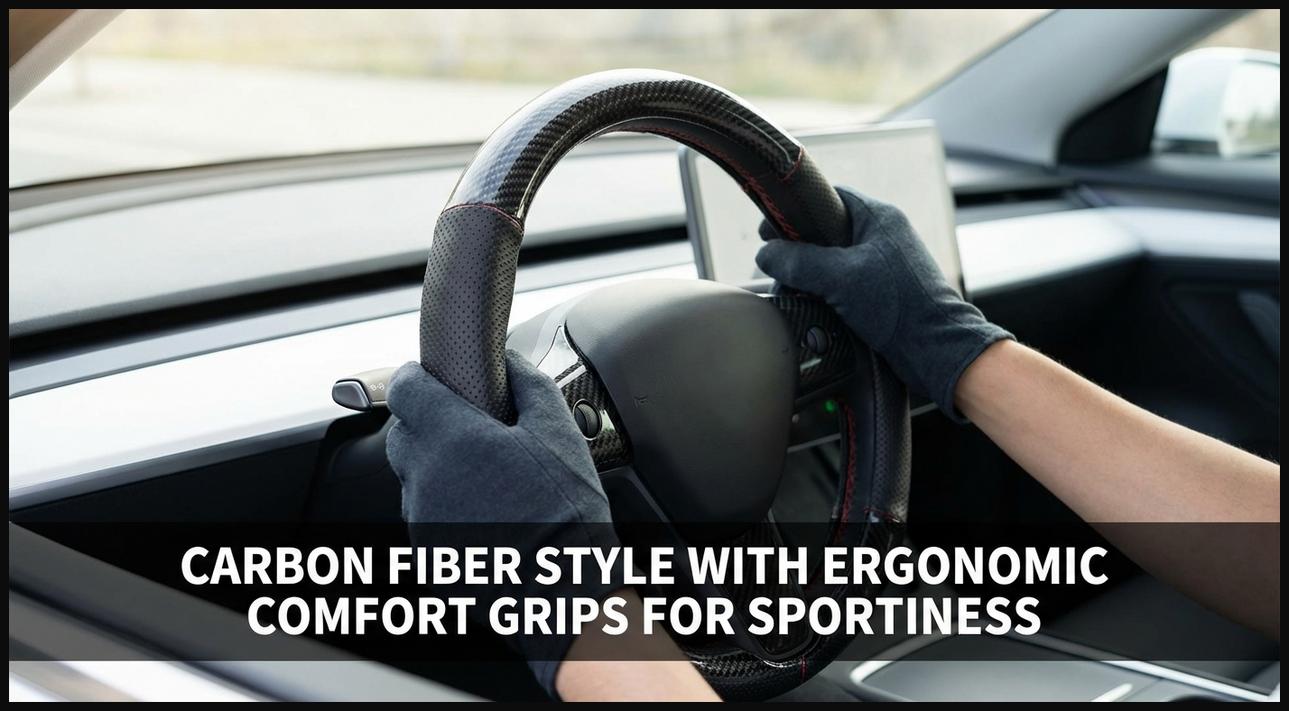 Hands on a carbon fiber style steering wheel cover featuring comfortable grip sections.