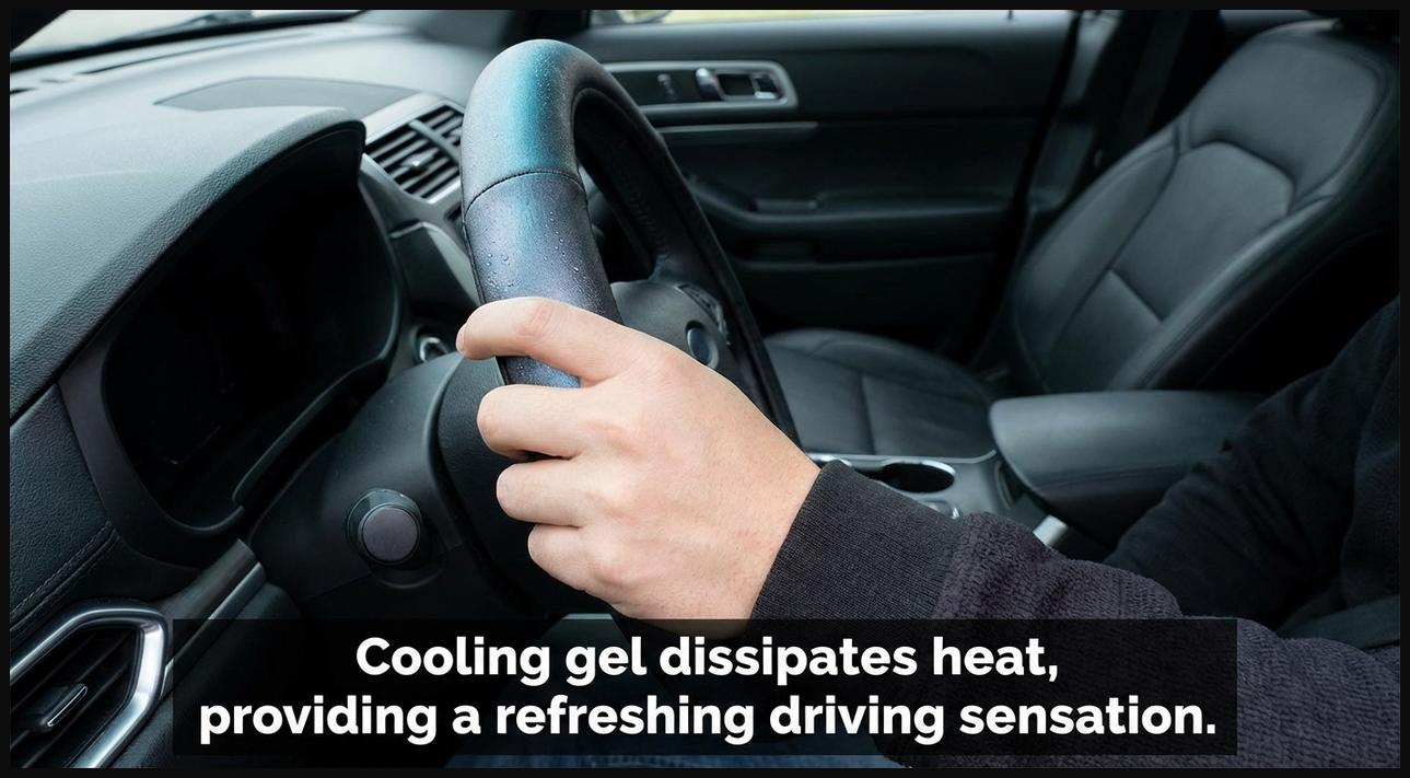 Hand gripping a steering wheel cover infused with cooling gel for hot weather comfort.