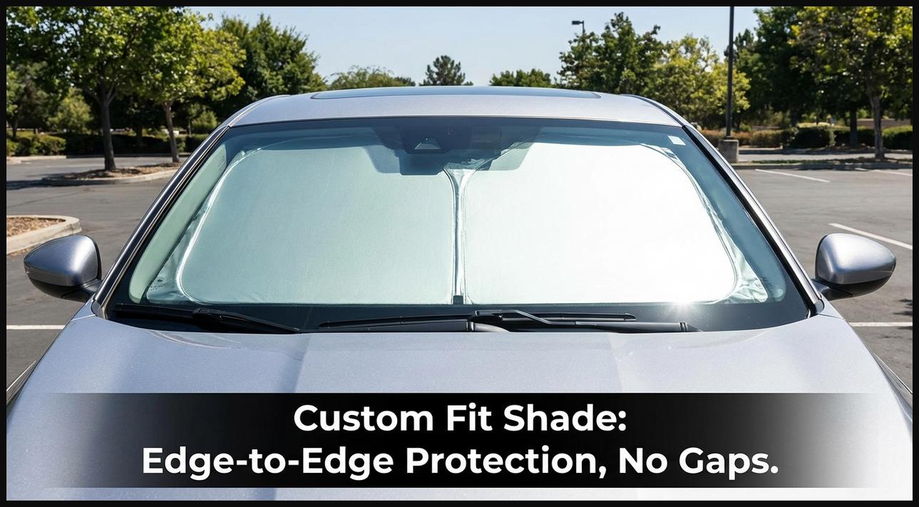 A perfectly custom-fit sun shade installed on a car's windshield, showing no light gaps around the edges for full coverage.