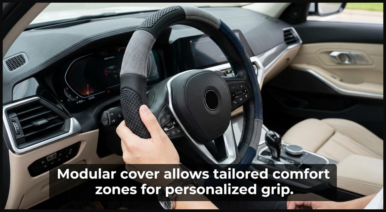 A customizable modular steering wheel cover with interchangeable comfort segments.