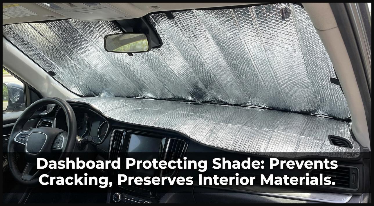A sun shade specifically designed to cover and protect the entire dashboard of a car from sun damage.