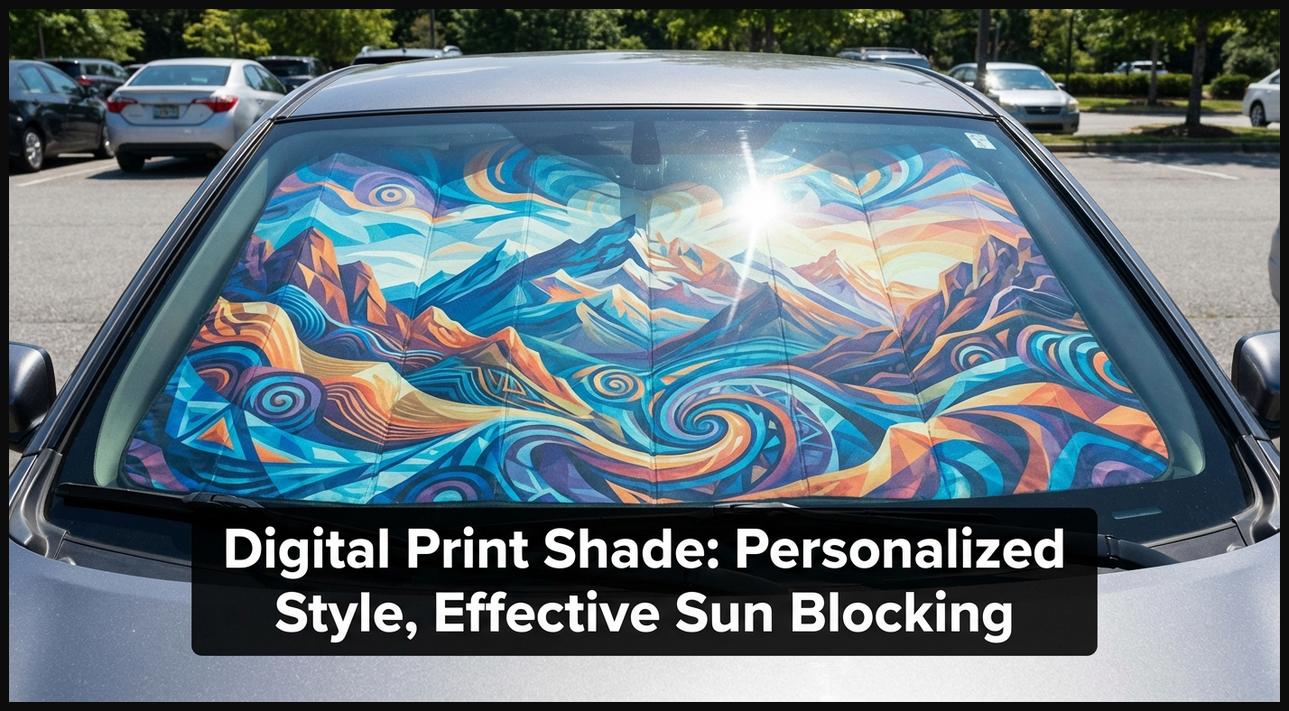 A car sun shade featuring a vibrant digital print or custom graphic, adding personality while blocking sunlight.