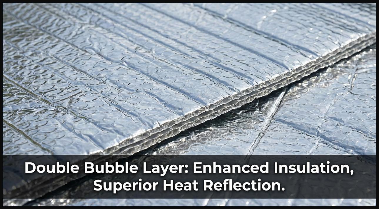 A close-up view of a double bubble layer sun shade, highlighting its textured, reflective material for enhanced insulation.