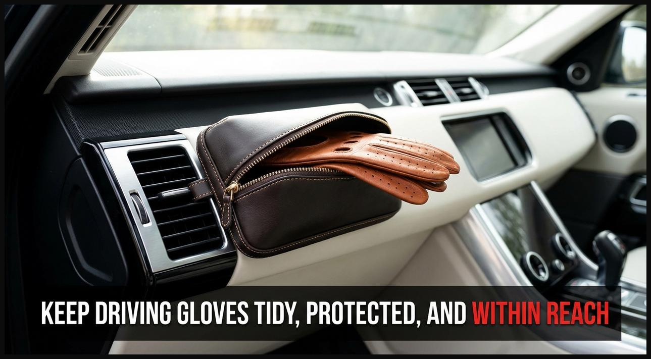 A stylish driving gloves storage pouch, made of leather, placed on a car's center console, holding a pair of gloves.