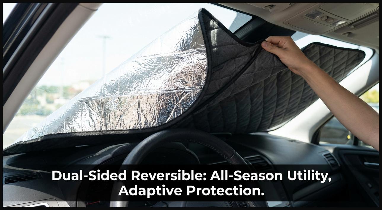 A dual-sided reversible sun shade displaying its two distinct sides (reflective and dark insulated), highlighting its year-round utility.