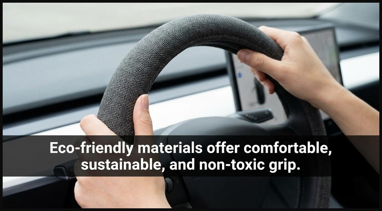 Hands gripping an eco-friendly material steering wheel cover for sustainable comfort.