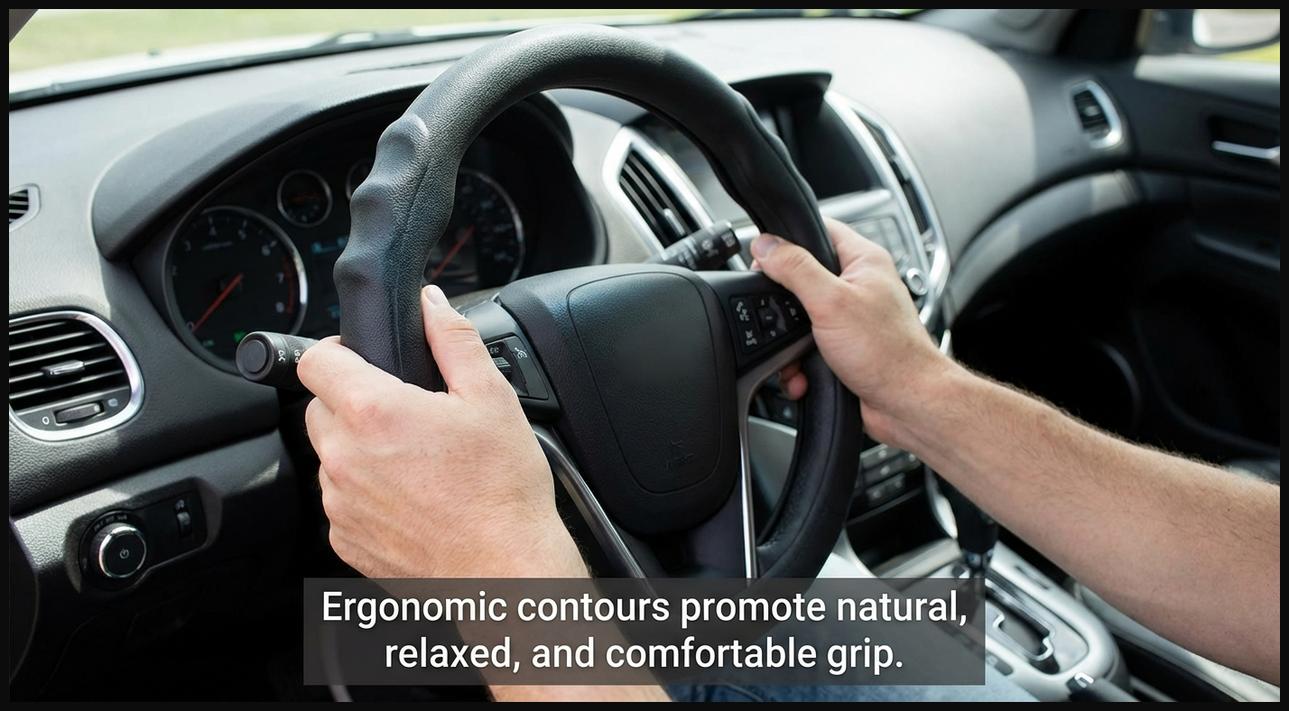 Hands resting comfortably on an ergonomic steering wheel cover with contoured grips.