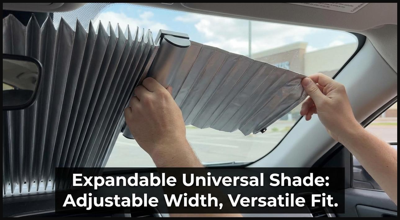 An expandable universal car sun shade being adjusted in width to fit different windshield sizes, demonstrating its versatility.