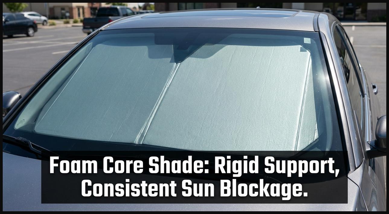 A rigid foam core windshield sun shade securely placed on a car's front window, demonstrating its structural integrity.