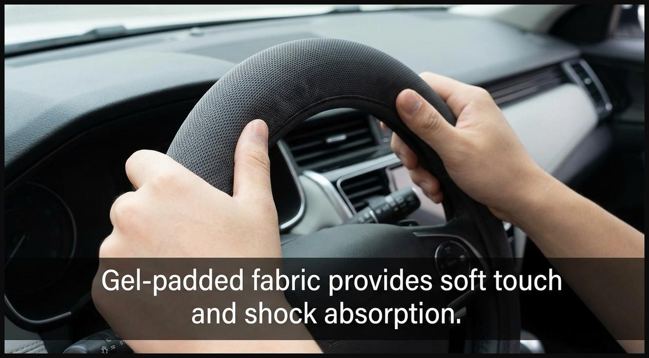 Hands on a gel-padded fabric steering wheel cover, combining softness and cushioning.