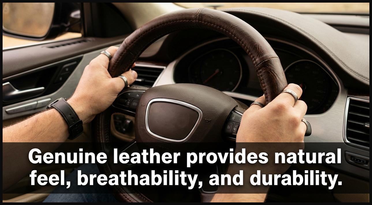Hands gripping a high-quality genuine leather steering wheel cover.
