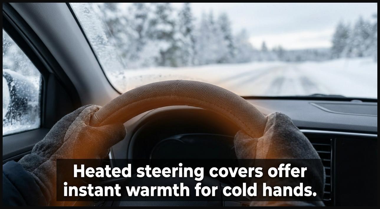 Hands enjoying the warmth of a heated steering wheel cover in a cold car interior.