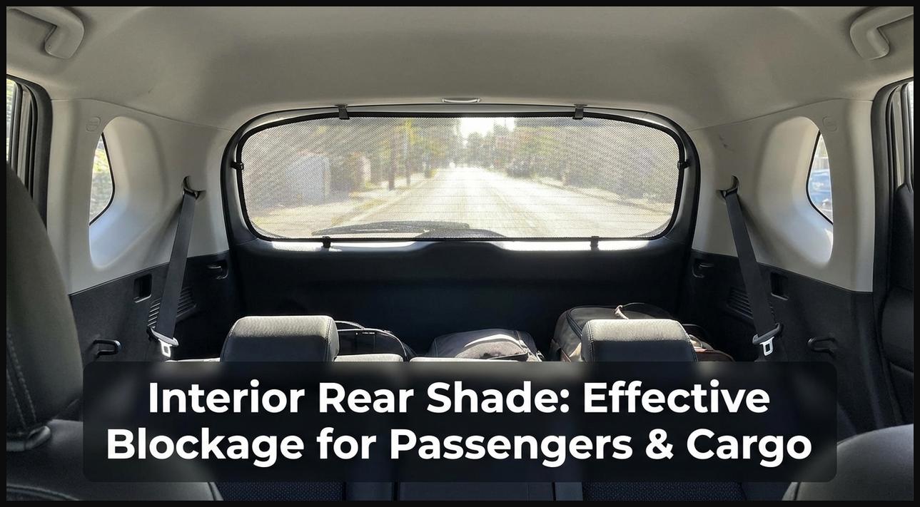 An interior mounted sun shade neatly fitted on the rear windshield of a car, providing sun protection for passengers and cargo.