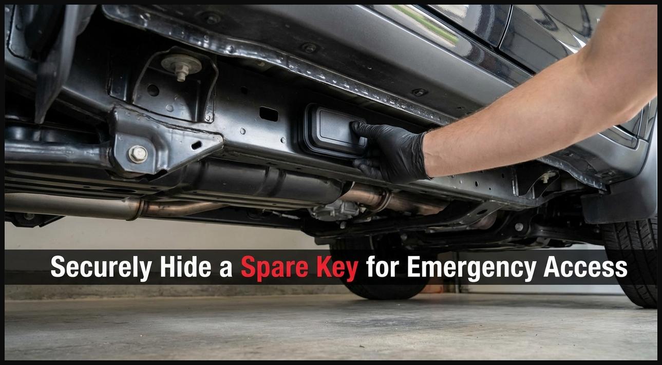 A compact, weatherproof magnetic key holder hidden on a metallic surface beneath a car, storing a spare key.