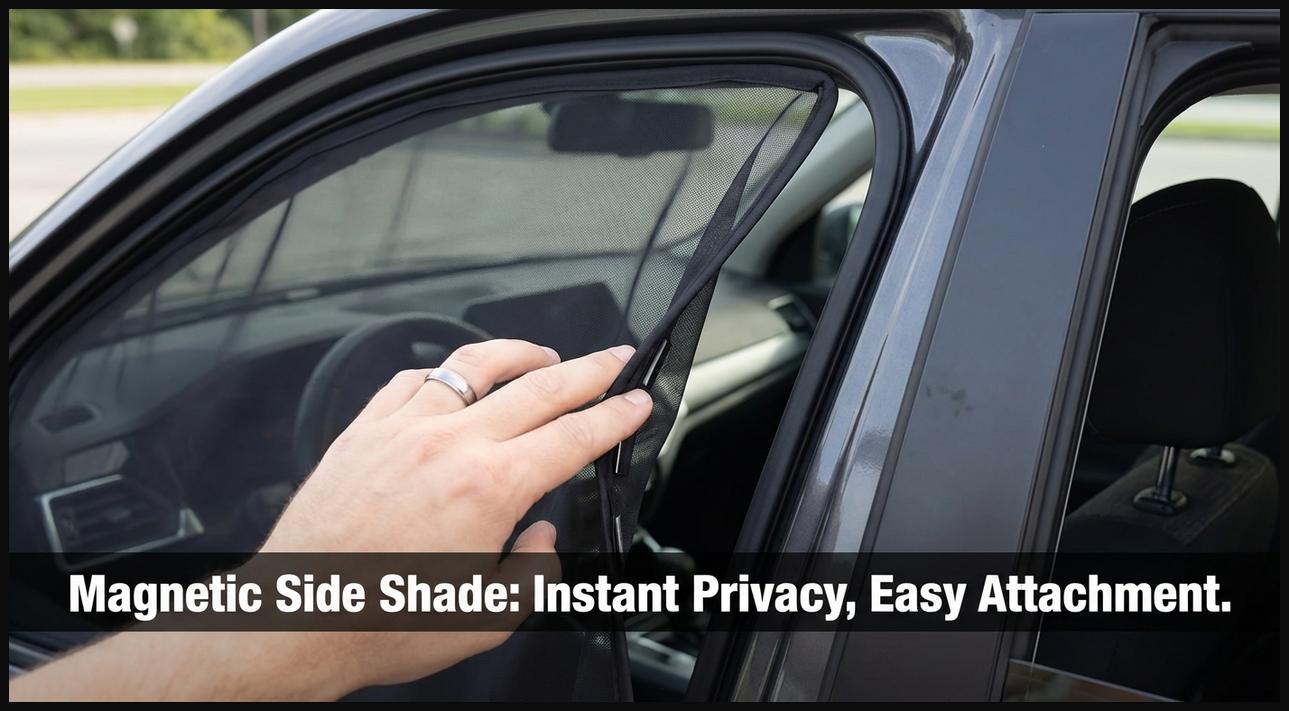 A magnetic car side window sun shade being effortlessly attached to a car door frame, providing instant privacy.