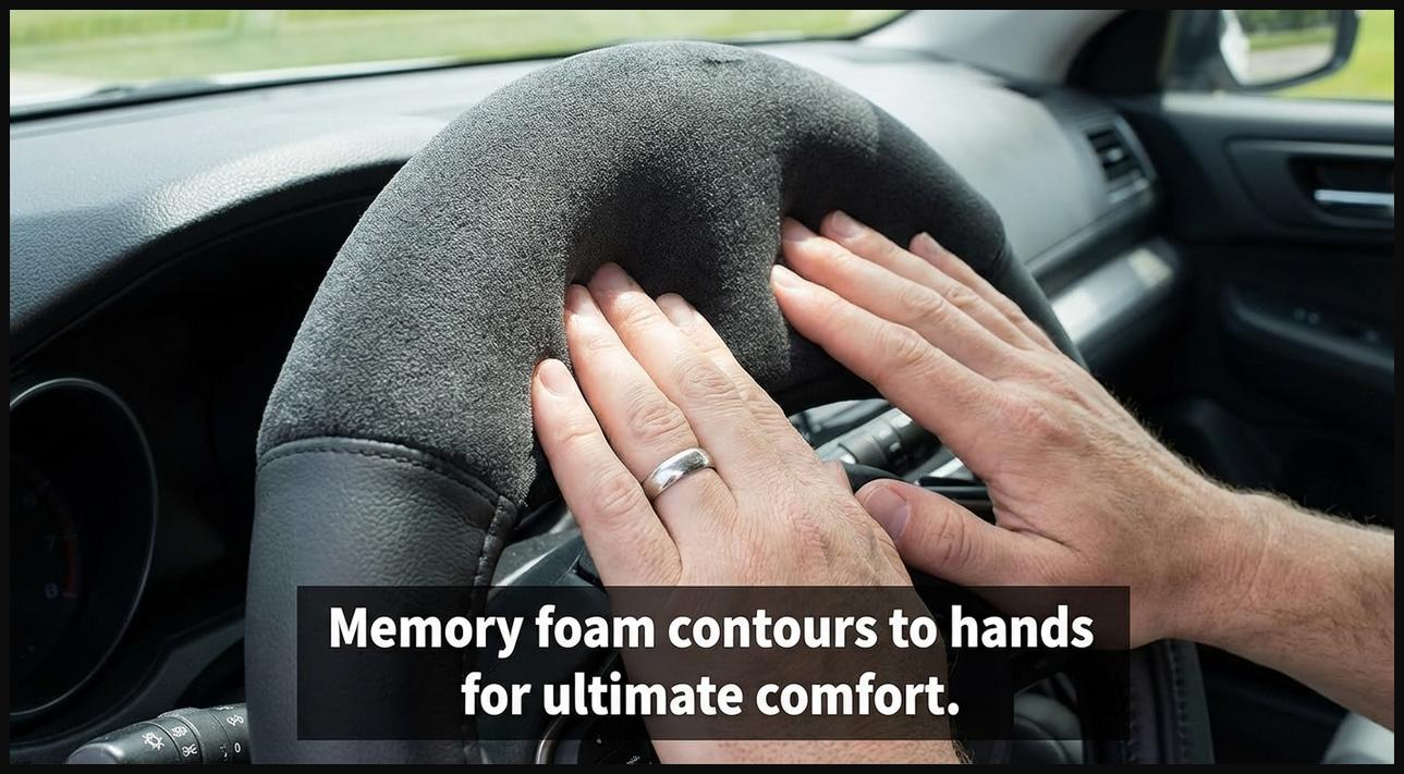 Hands pressing into a memory foam steering wheel cover, highlighting personalized comfort.