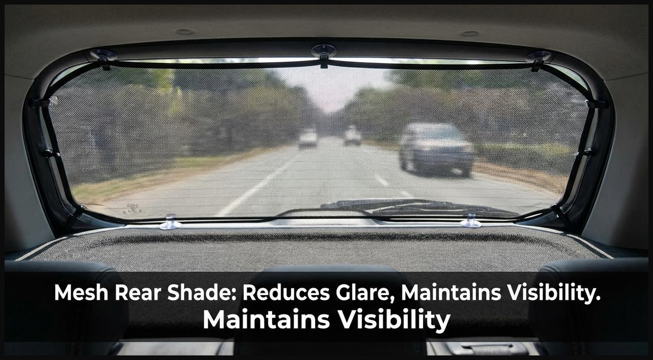 A mesh fabric sun shade installed on a car's rear window, offering glare reduction while maintaining slight visibility from inside.