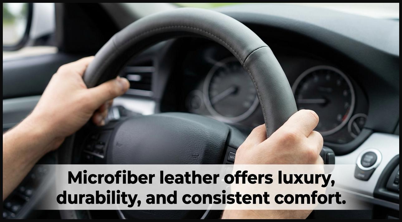 Hands gripping a microfiber leather steering wheel cover, showcasing its smooth texture.